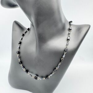Dainty Black Stone Necklace Metallic Beads Antique Brass Tone Hook Clasp 15.5 In